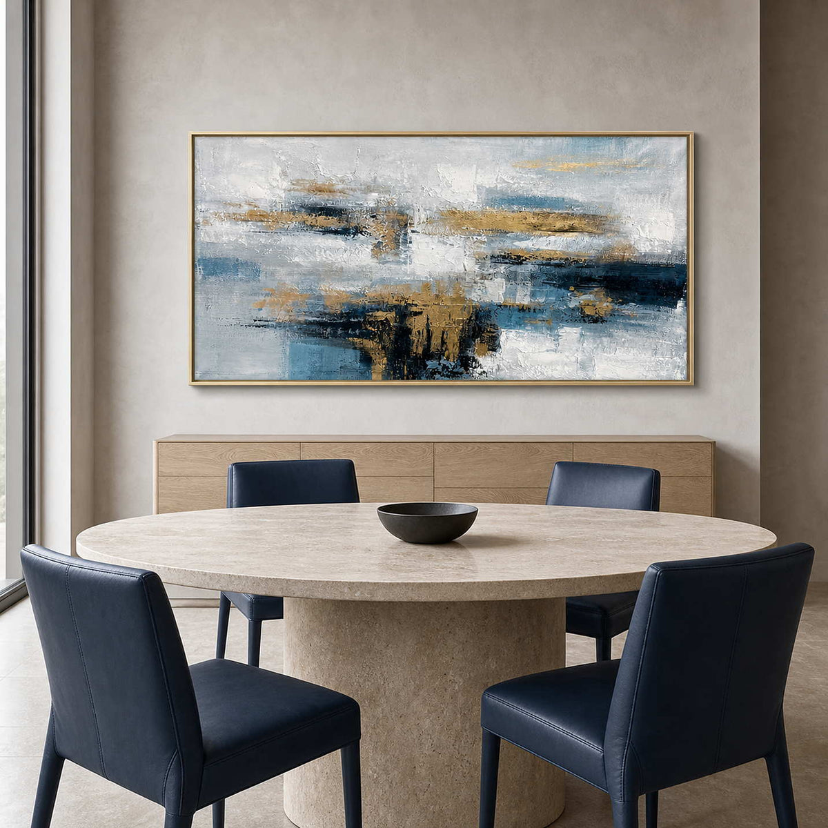 Modern Abstract Wall Art displayed in a refined dining room.