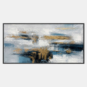 Hand-painted modern abstract wall art with blue, neutral, and earth tones tones.