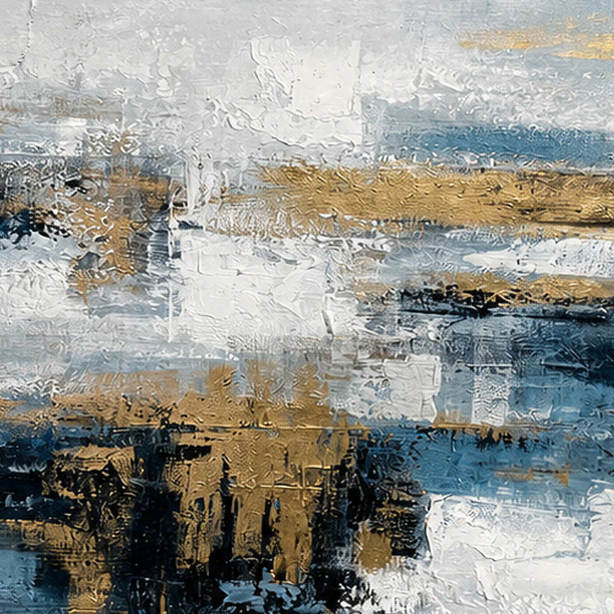 Close-up of raised hand-painted texture in blue, neutral, and earth tones.