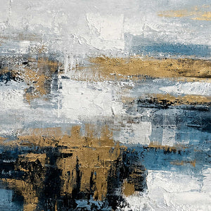 Close-up of raised hand-painted texture in blue, neutral, and earth tones.