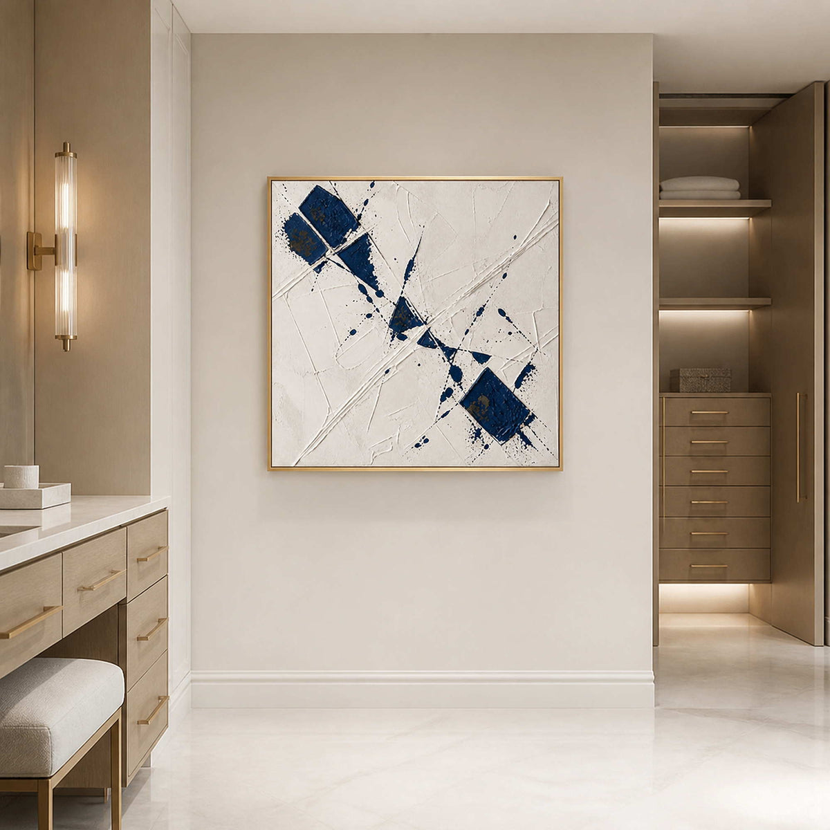 Minimalist blue abstract wall art displayed in a clean modern bathroom.