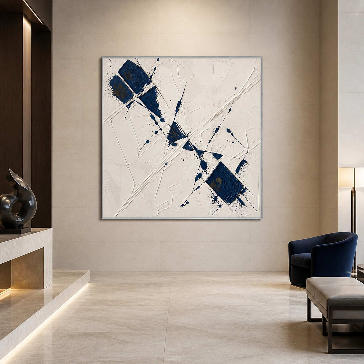 Textured geometric abstract wall art displayed in an elegant hotel lobby.
