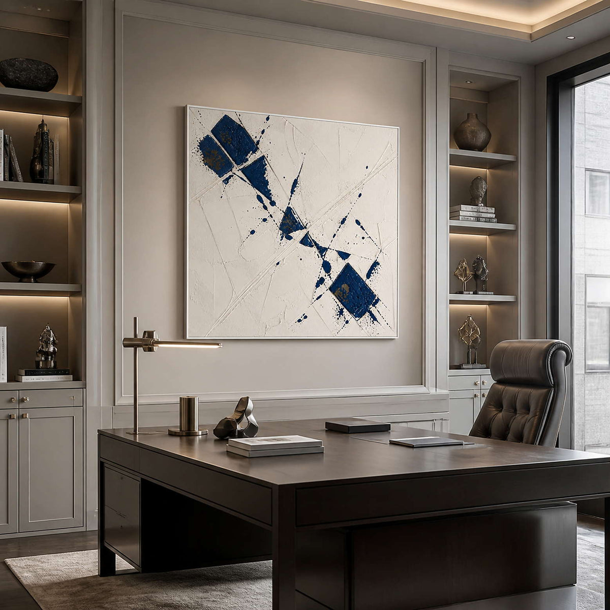 Square navy abstract wall art displayed in a refined home office.