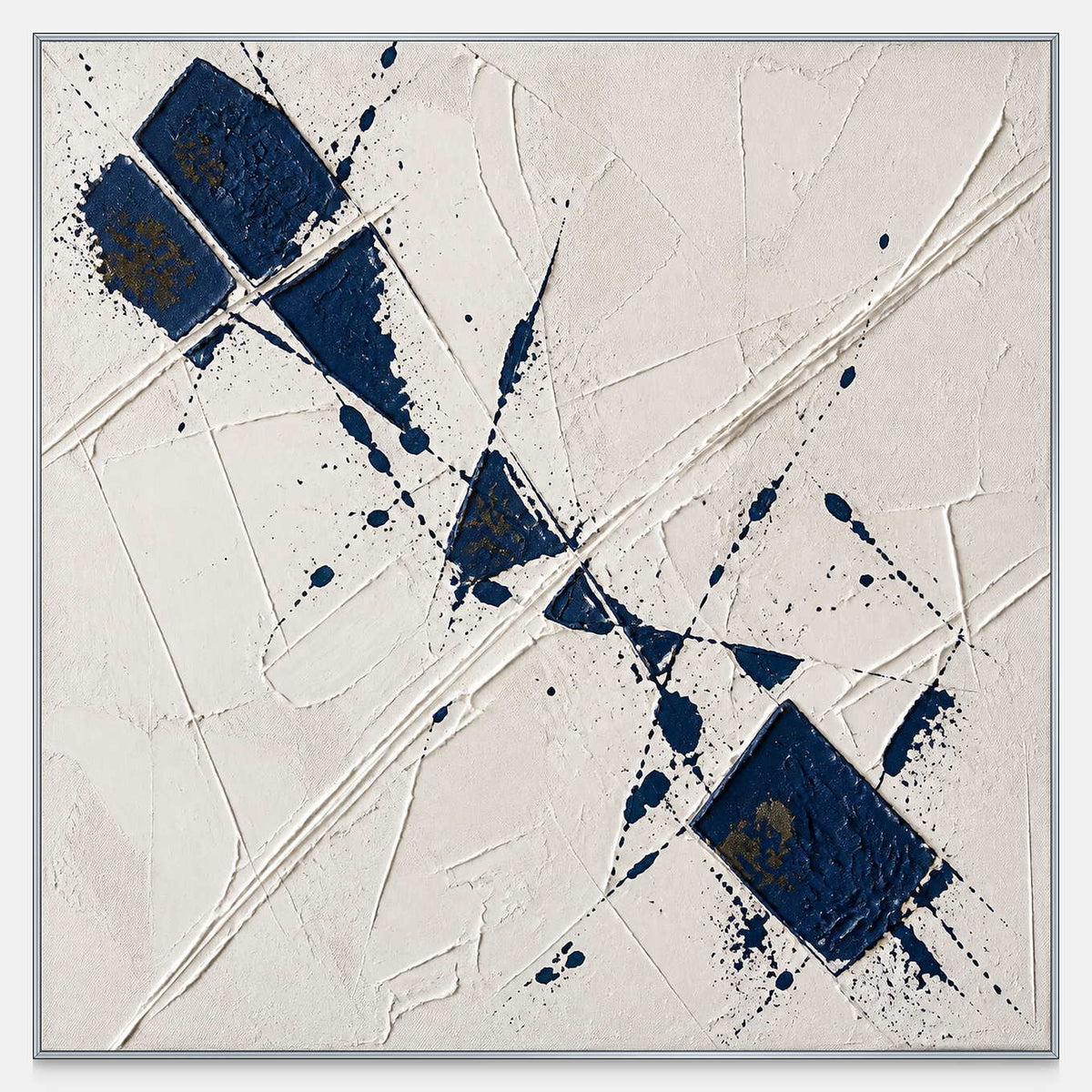 Square textured abstract wall art with navy blocks across a layered ivory ground.