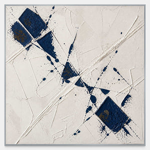 Square textured abstract wall art with navy blocks across a layered ivory ground.