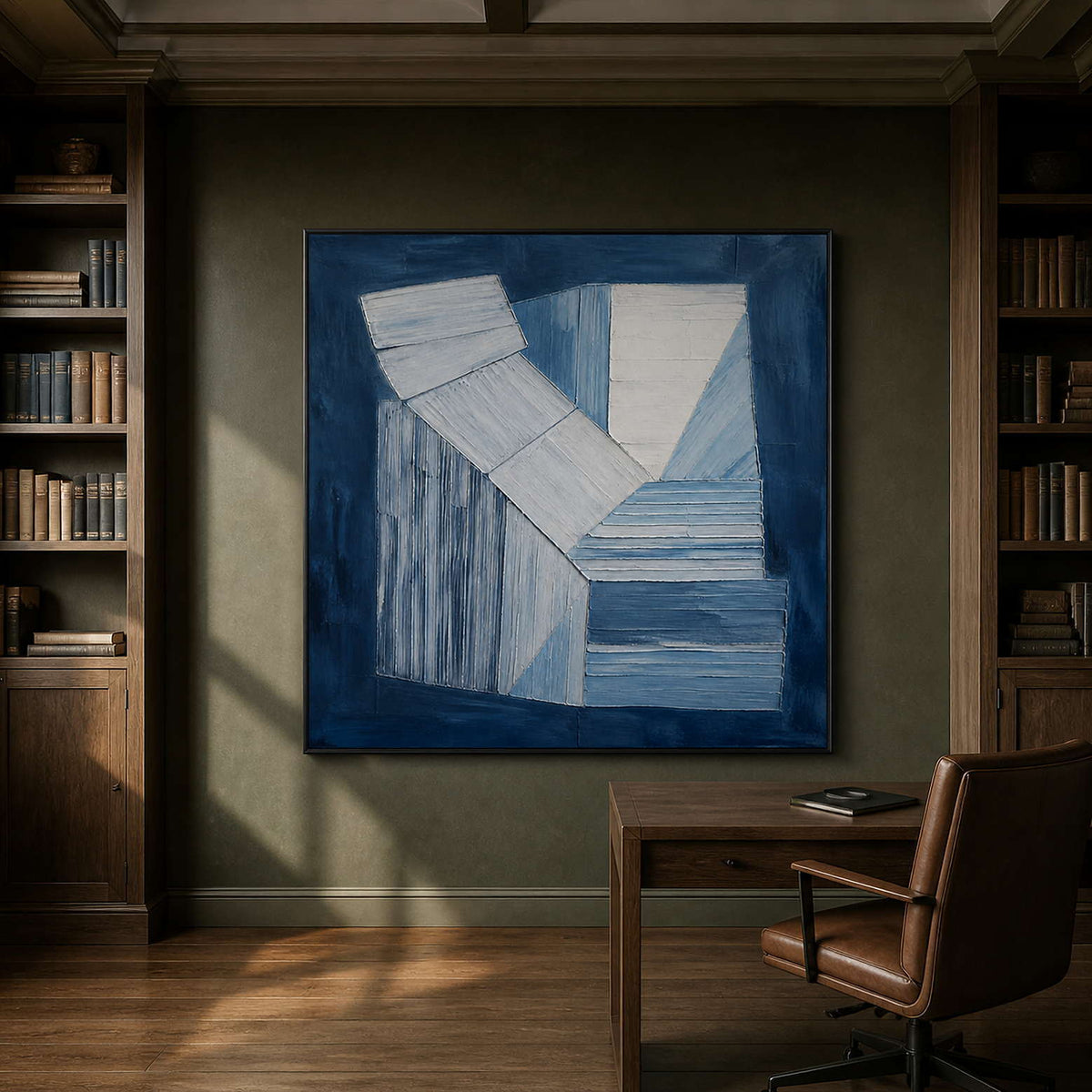 Indigo and white geometric forms wall art in a contemporary stair hall.