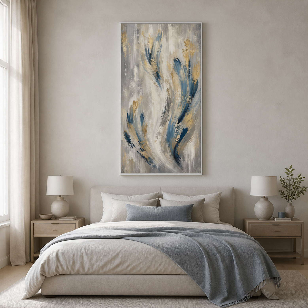 Blue and gold vertical wall art displayed in a minimalist primary bedroom.