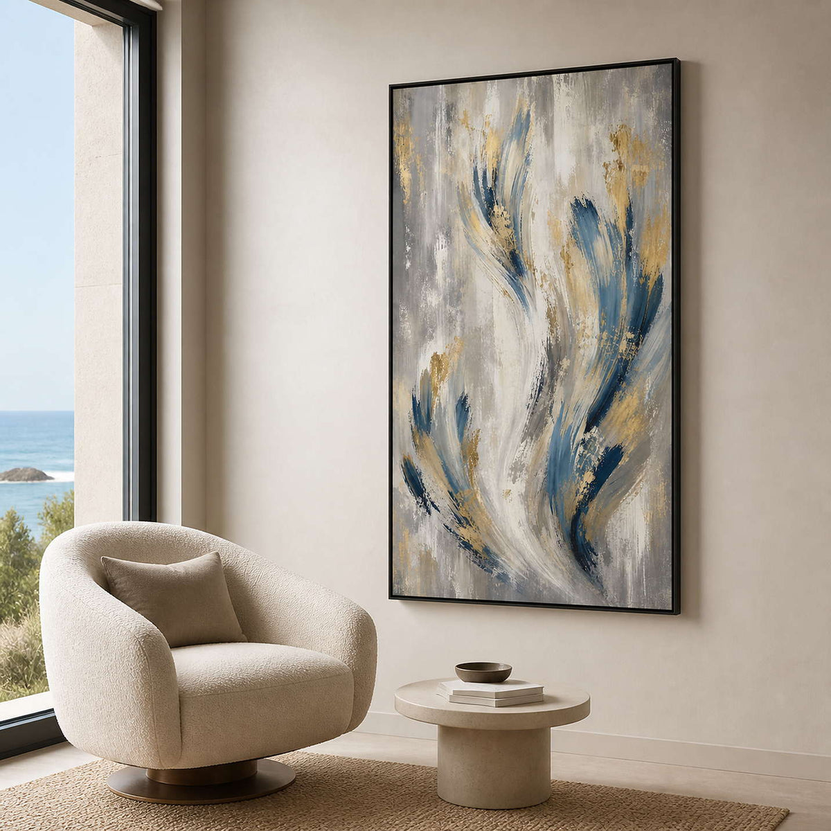 Blue and gold abstract shown from the side in an ocean-view reading area.
