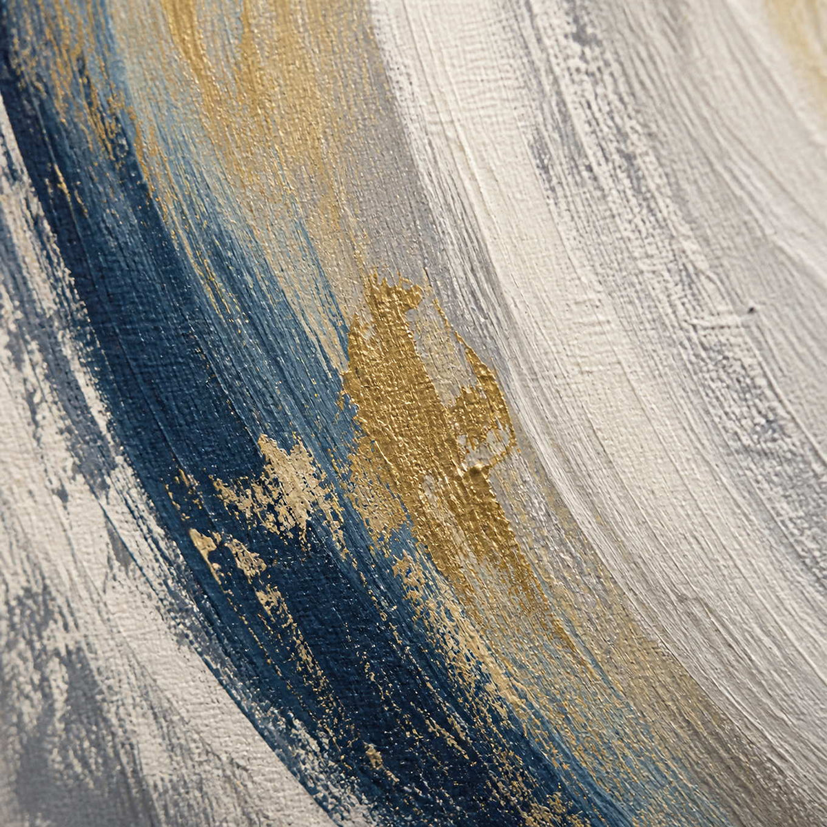 Close-up of layered blue gray ivory and metallic gold palette-knife marks.