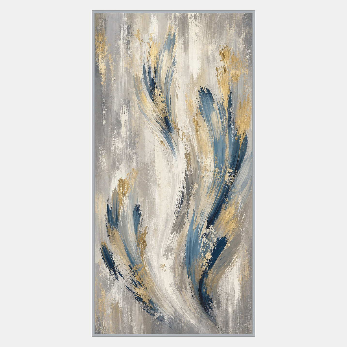 Textured blue ivory gray and gold abstract with sweeping vertical brushwork.