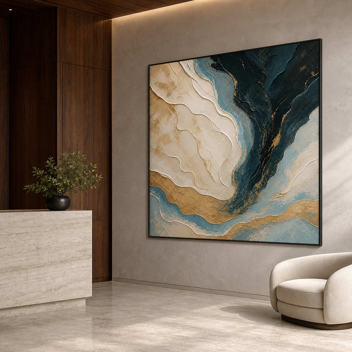 Textured Abstract Wall Art displayed in a refined hospitality lounge.