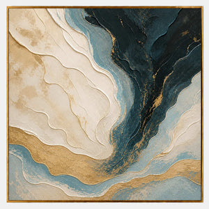 Hand-painted textured abstract wall art with blue, white, and earth tones tones.