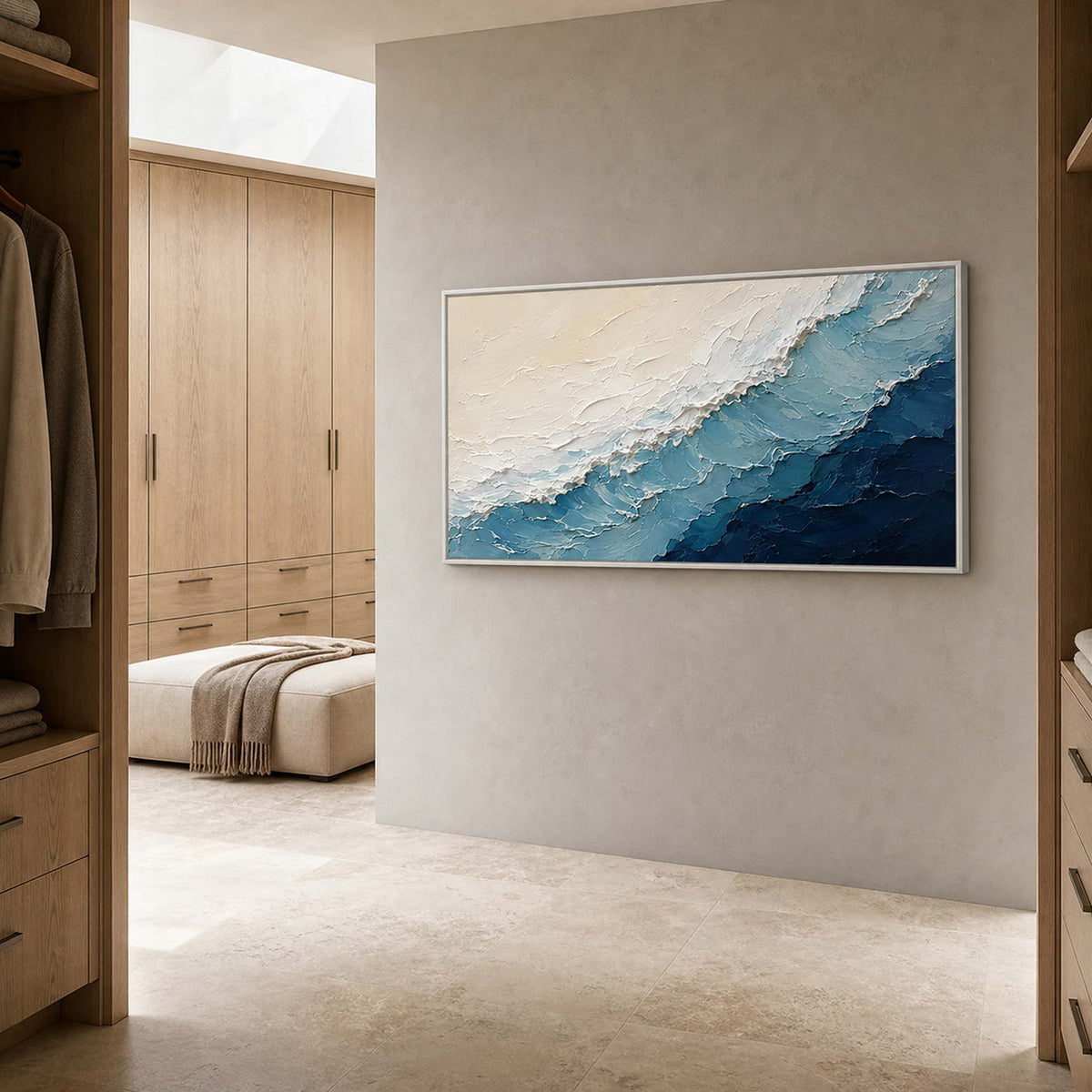 Textured Coastal Wall Art displayed in a refined bathroom.