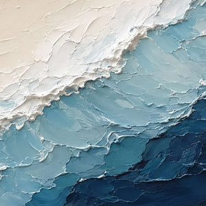 Close-up of raised hand-painted texture in blue, white, and neutral.