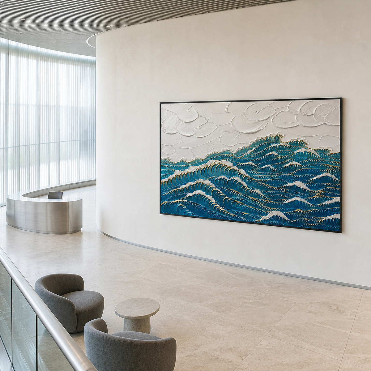 Deep blue waves edged with gold wall art in a contemporary commercial lobby.