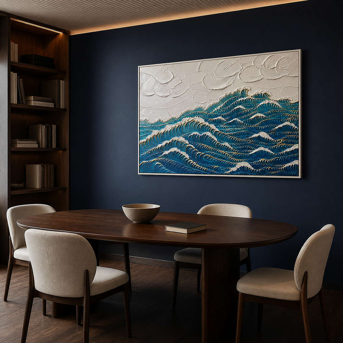 Deep blue waves edged with gold wall art in a contemporary dining room.