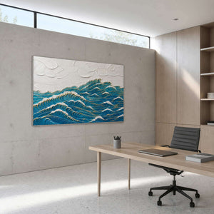 Deep blue waves edged with gold wall art in a contemporary home office.