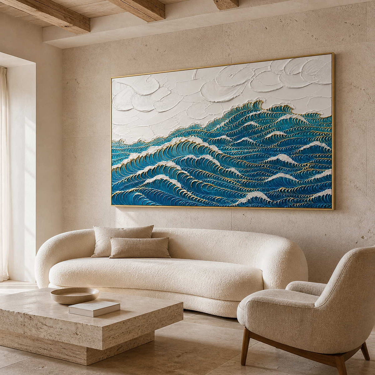 Deep blue waves edged with gold wall art in a contemporary living room.