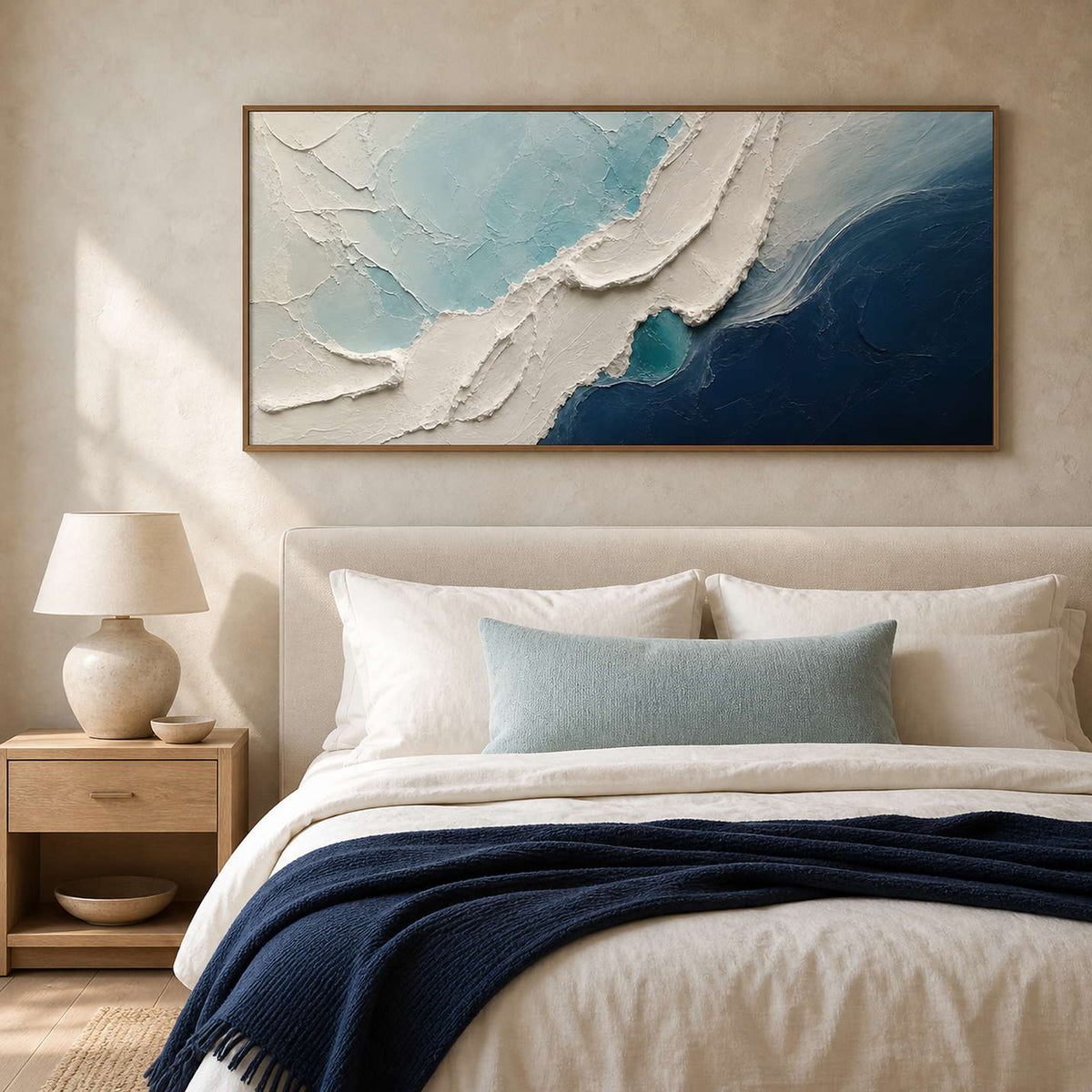Textured Coastal Wall Art displayed in a refined bedroom.