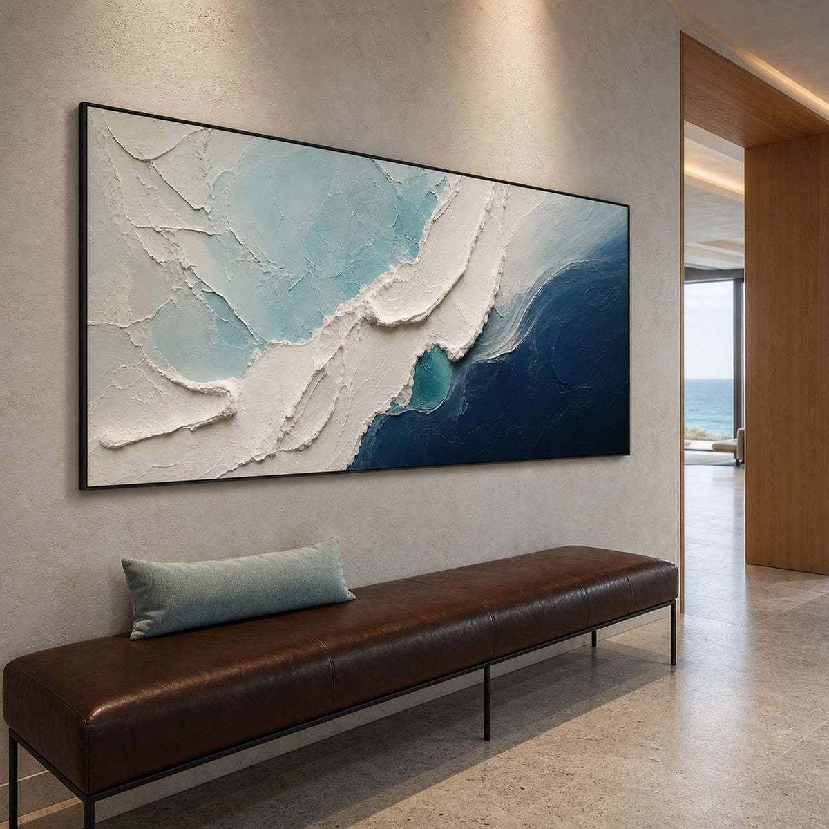 Textured Coastal Wall Art displayed in a refined hospitality lounge.