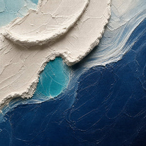 Close-up of raised hand-painted texture in blue, white, and neutral.