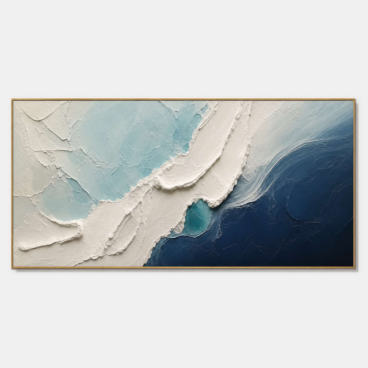 Hand-painted textured coastal wall art with blue, white, and neutral tones.