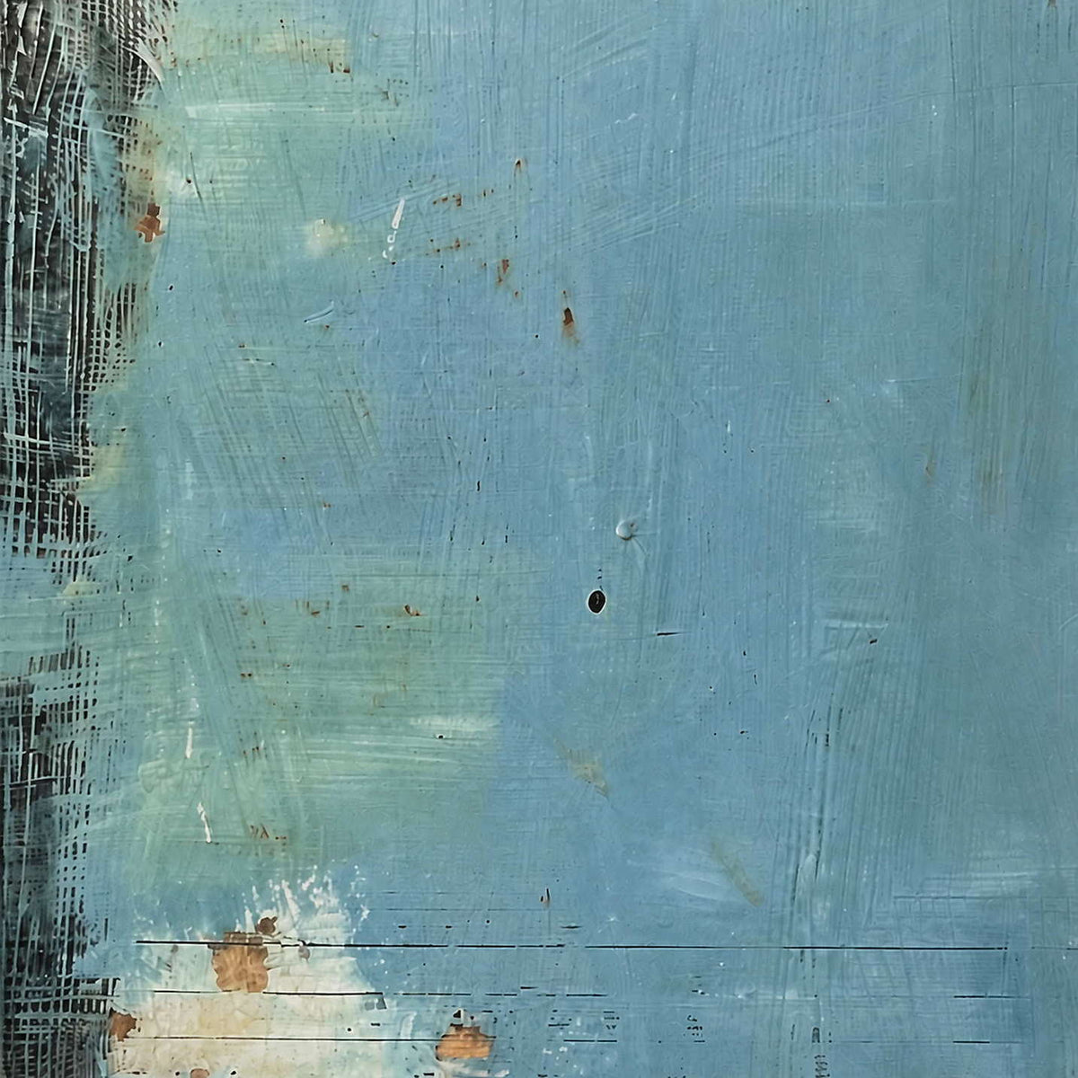 Close-up of scraped aqua paint, dark edges, and warm rust marks.