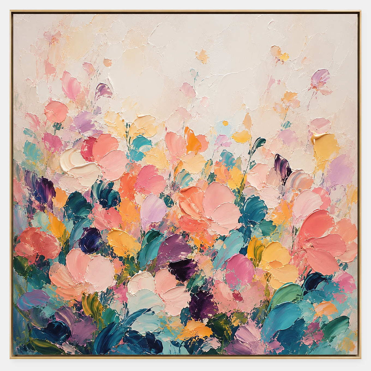 Hand-painted abstract floral canvas with blush pink and teal blooms.