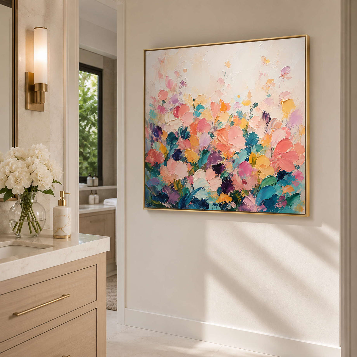 Fresh floral canvas styled in a bright bathroom space.