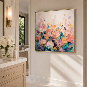 Fresh floral canvas styled in a bright bathroom space.
