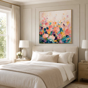 Soft floral wall art styled in a warm bedroom.