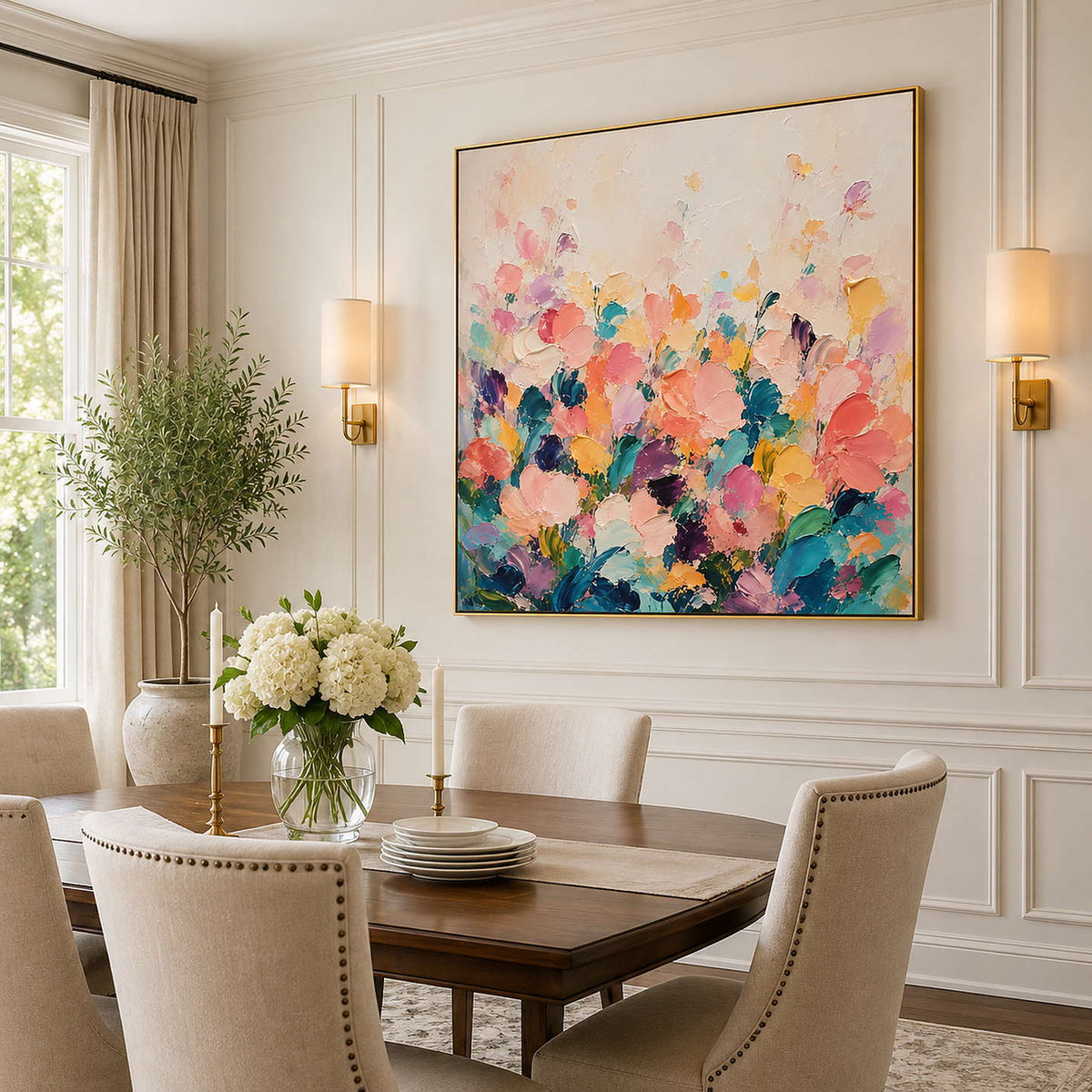 Colorful floral canvas in a refined dining room.