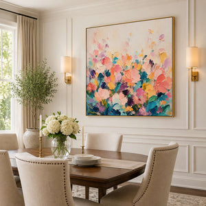 Colorful floral canvas in a refined dining room.
