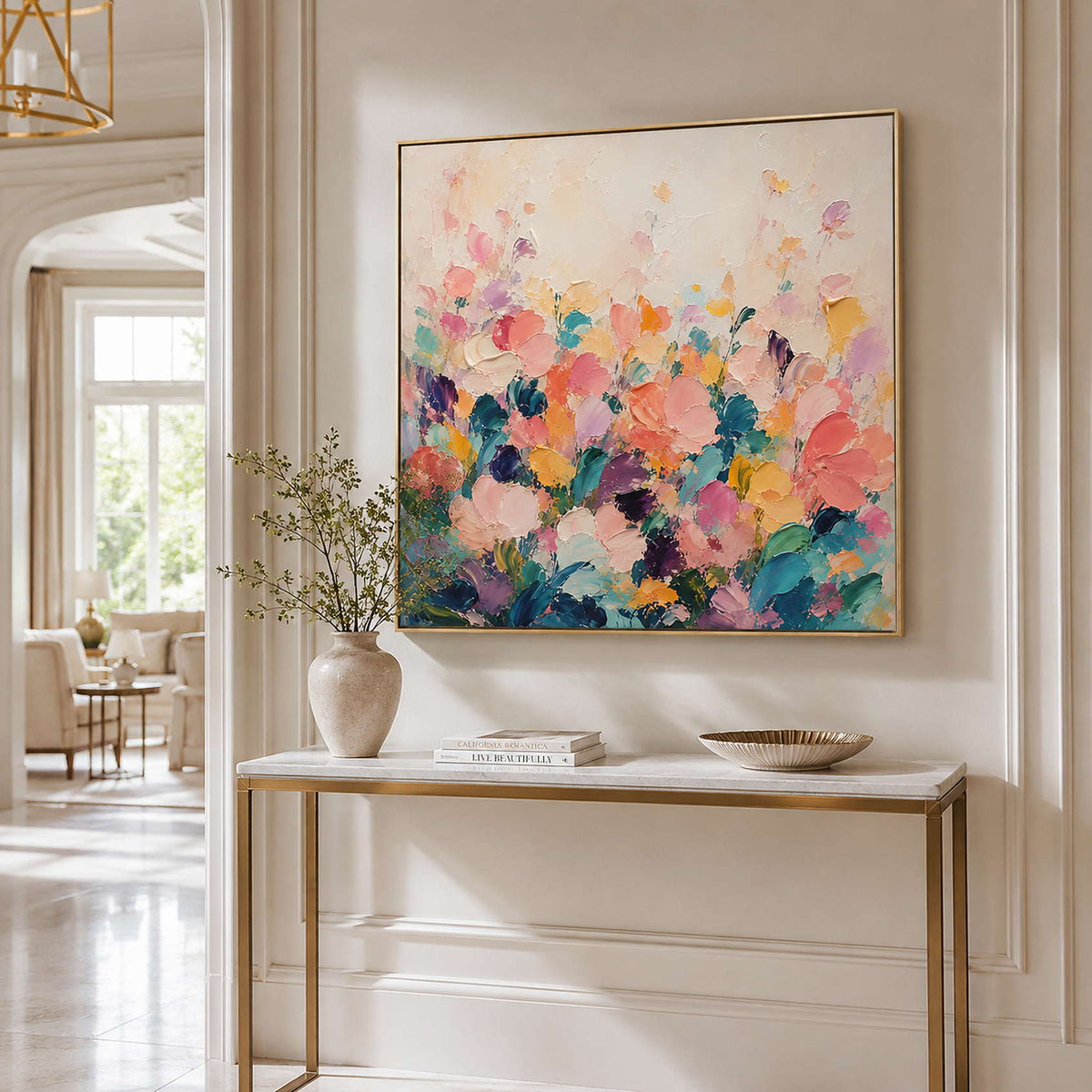 Hand-painted floral canvas for boutique hospitality interiors.