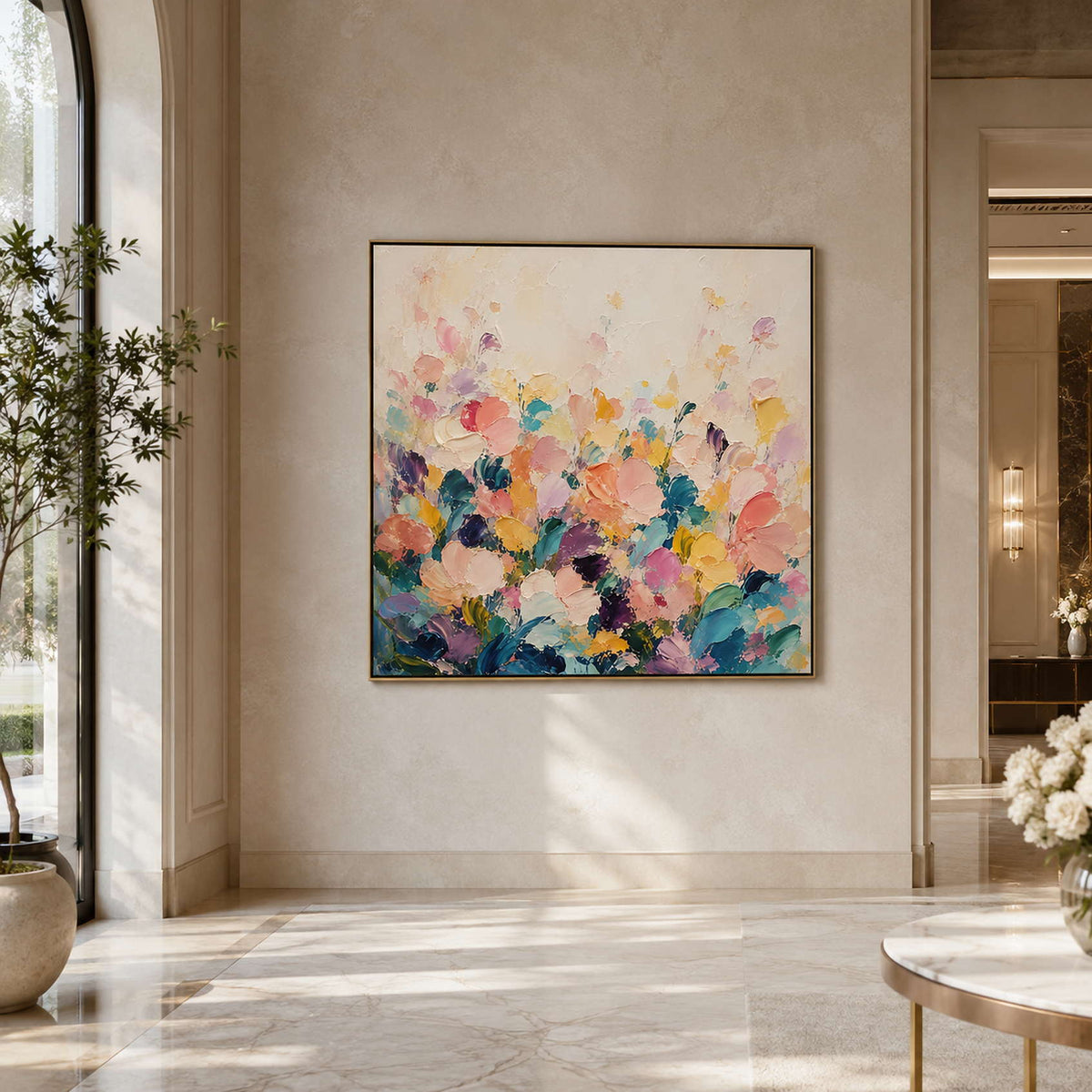 Colorful floral wall art displayed in a luxury hotel lobby.