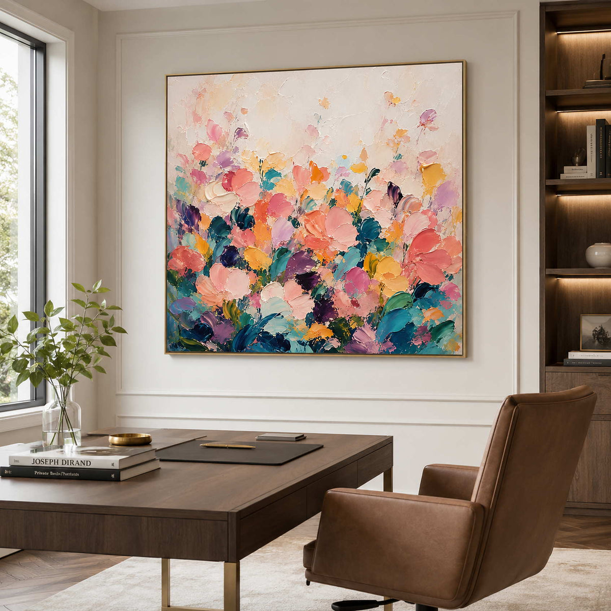Uplifting floral wall art for a modern office.