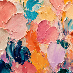 Close-up of raised floral texture and colorful brushwork.