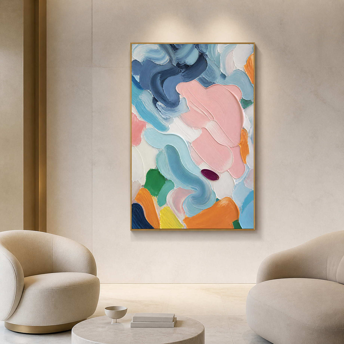 Colorful textured abstract wall art displayed in a minimalist gallery lounge.