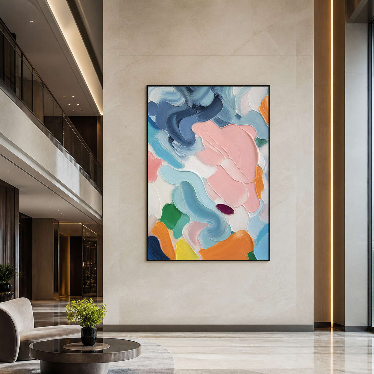 Vertical colorful abstract art displayed in a contemporary hotel lobby.
