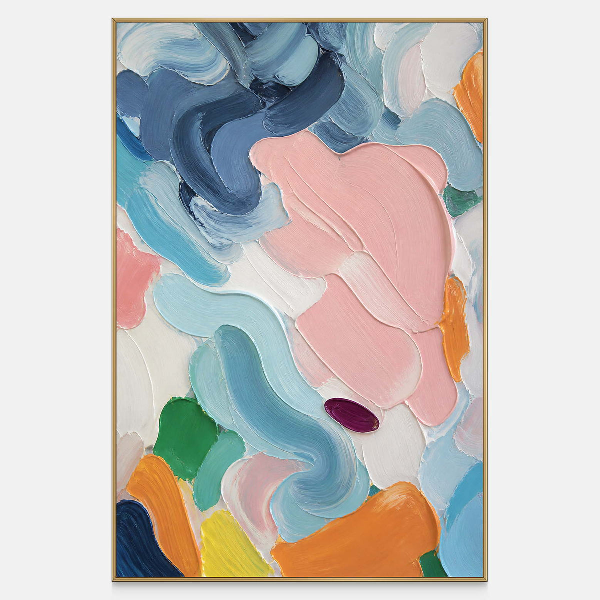 Hand-painted abstract canvas with blush, navy, powder blue, turquoise, ivory, orange, green, and yellow forms.