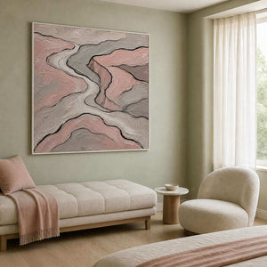 Blush and gray contour lines wall art in a contemporary bedroom.
