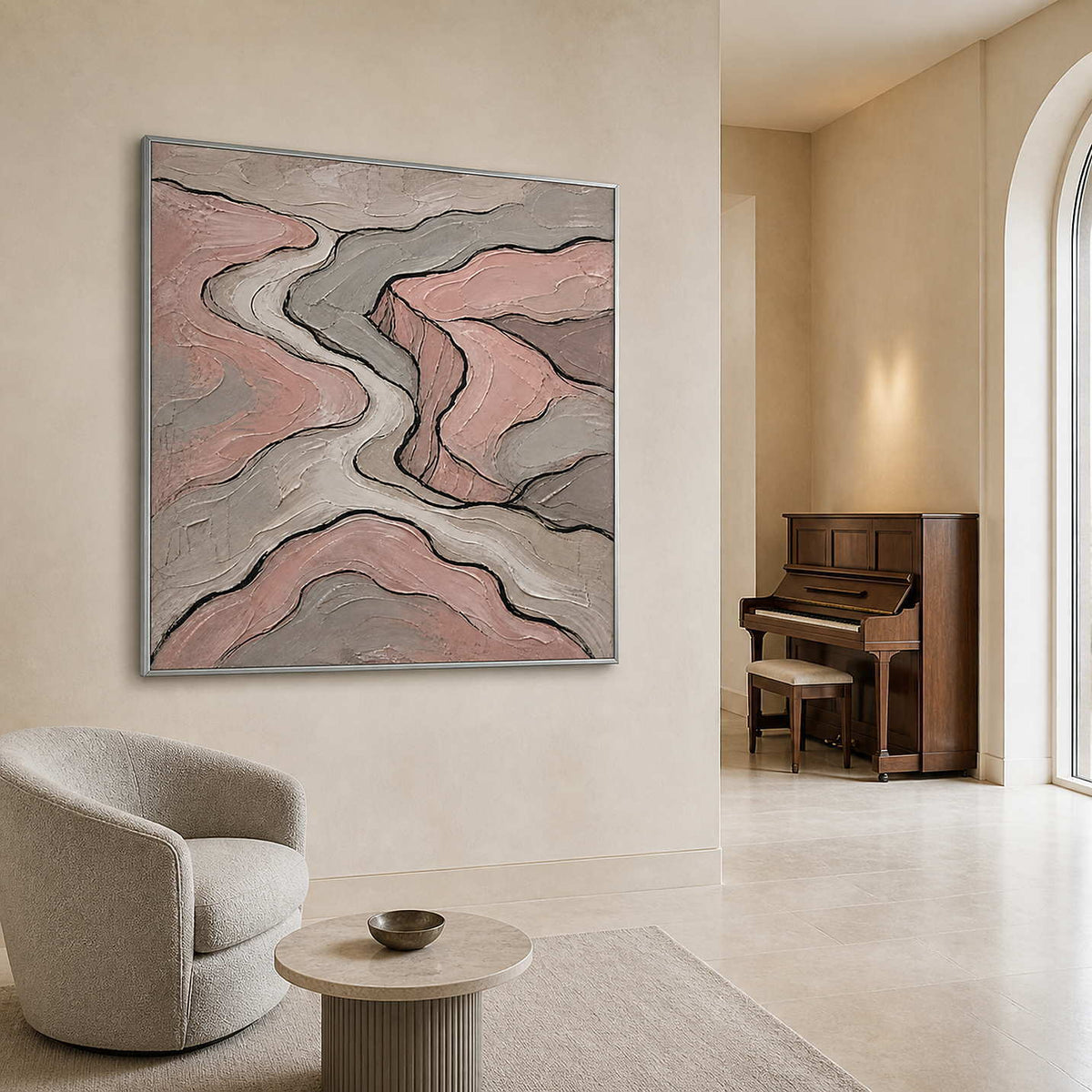 Blush and gray contour lines wall art in a contemporary home office.