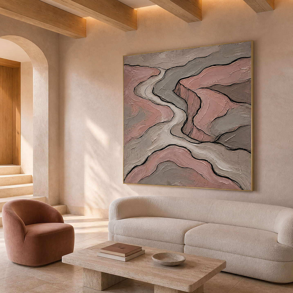 Blush and gray contour lines wall art in a contemporary living room.