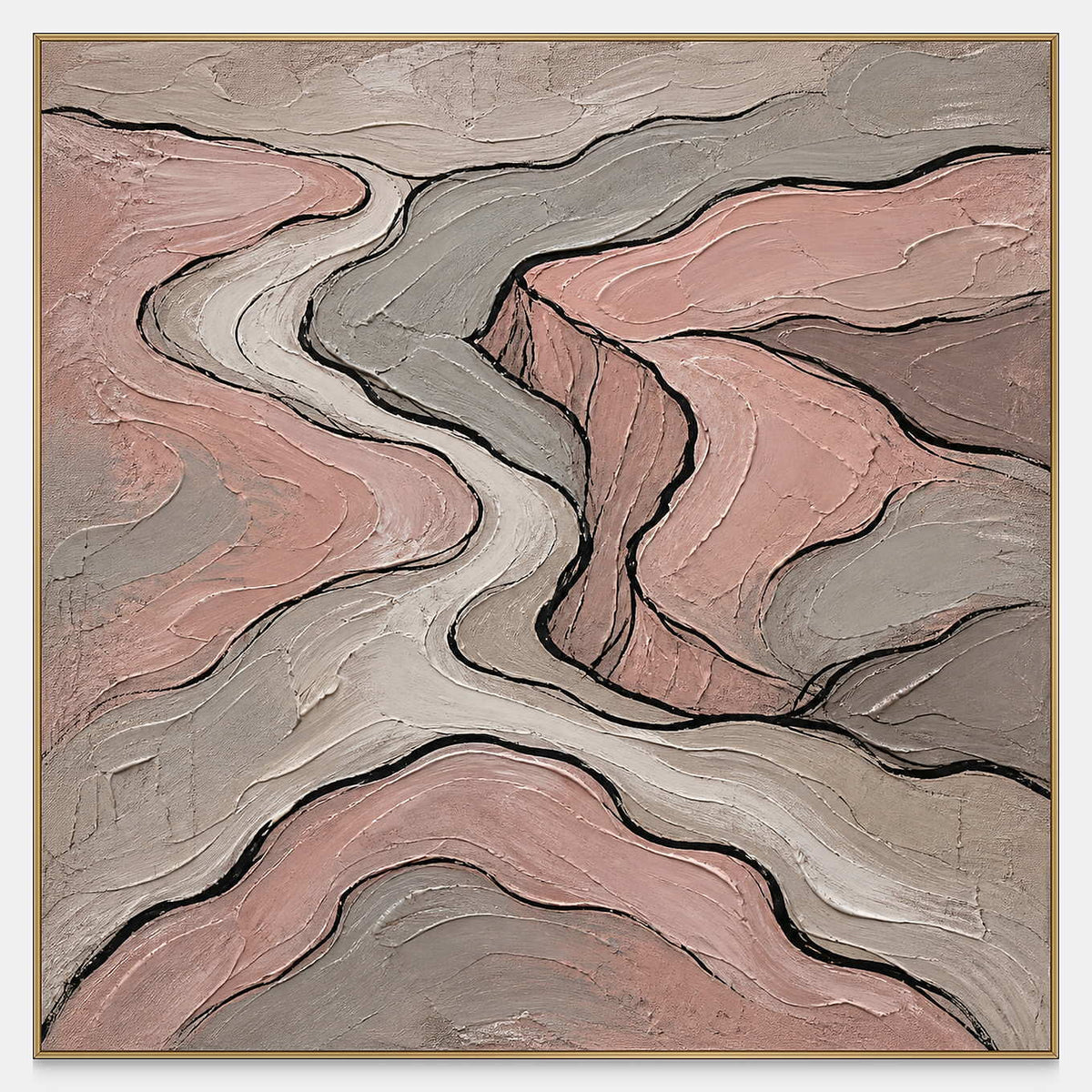 Hand-painted blush and gray contour lines canvas with raised texture.