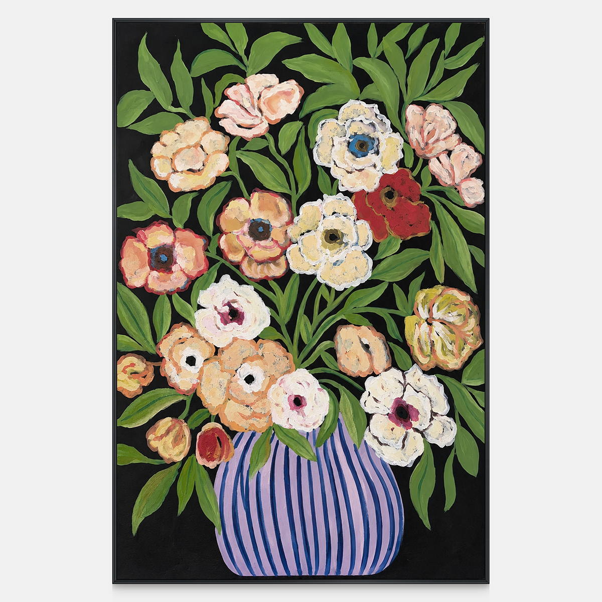 Front view of cream, peach and red flowers with green leaves in a purple-blue striped vase on black, with a black frame.