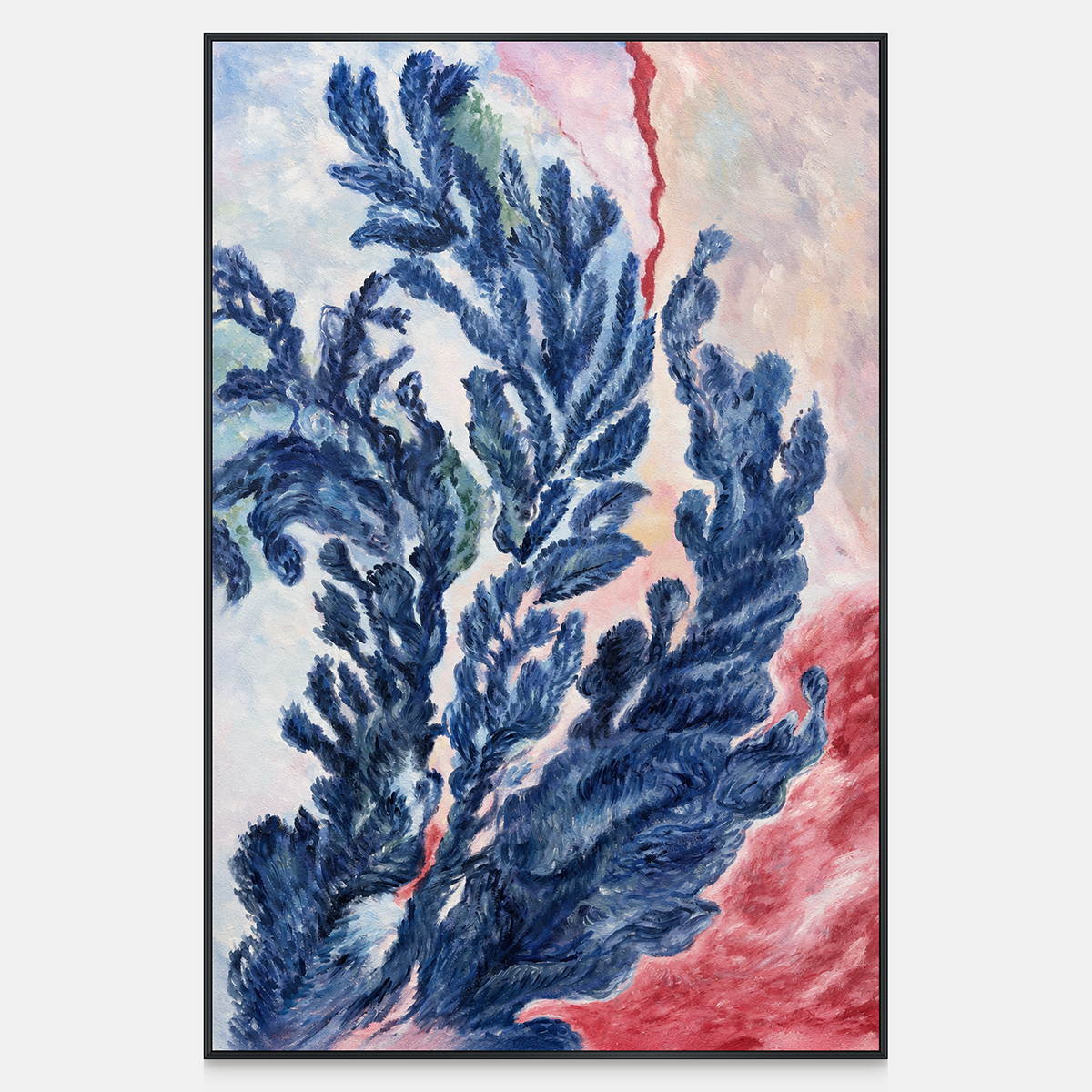 Front view of branching deep blue forms curling upward over pale pink, cream and red, with a black frame.