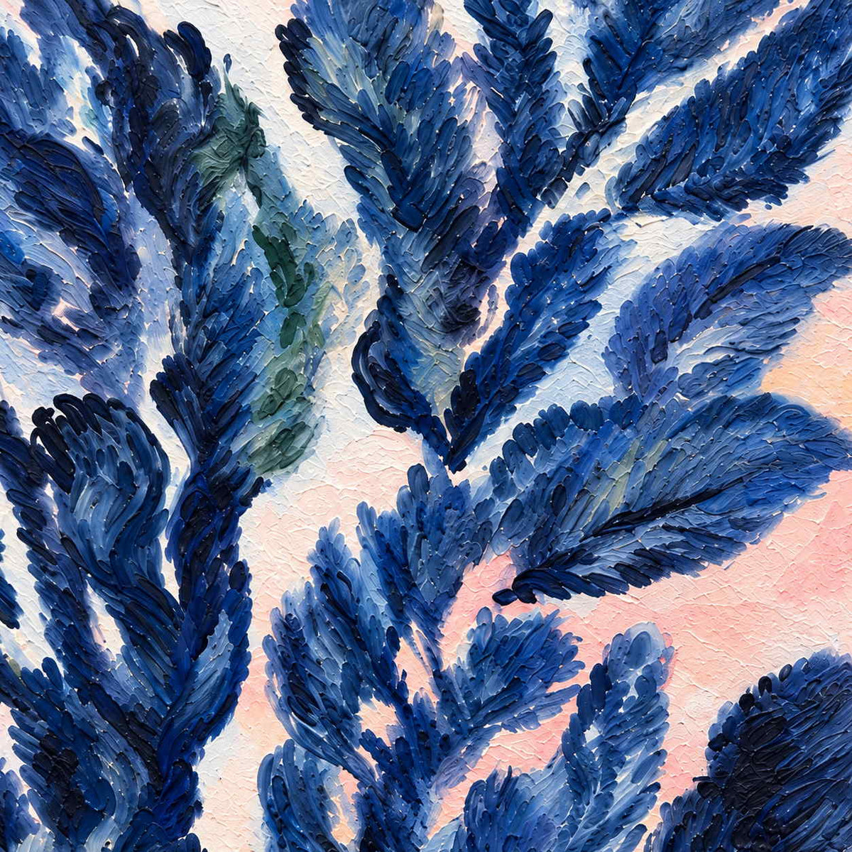 Close-up of short raised blue strokes forming branching, feather-like edges over pink.