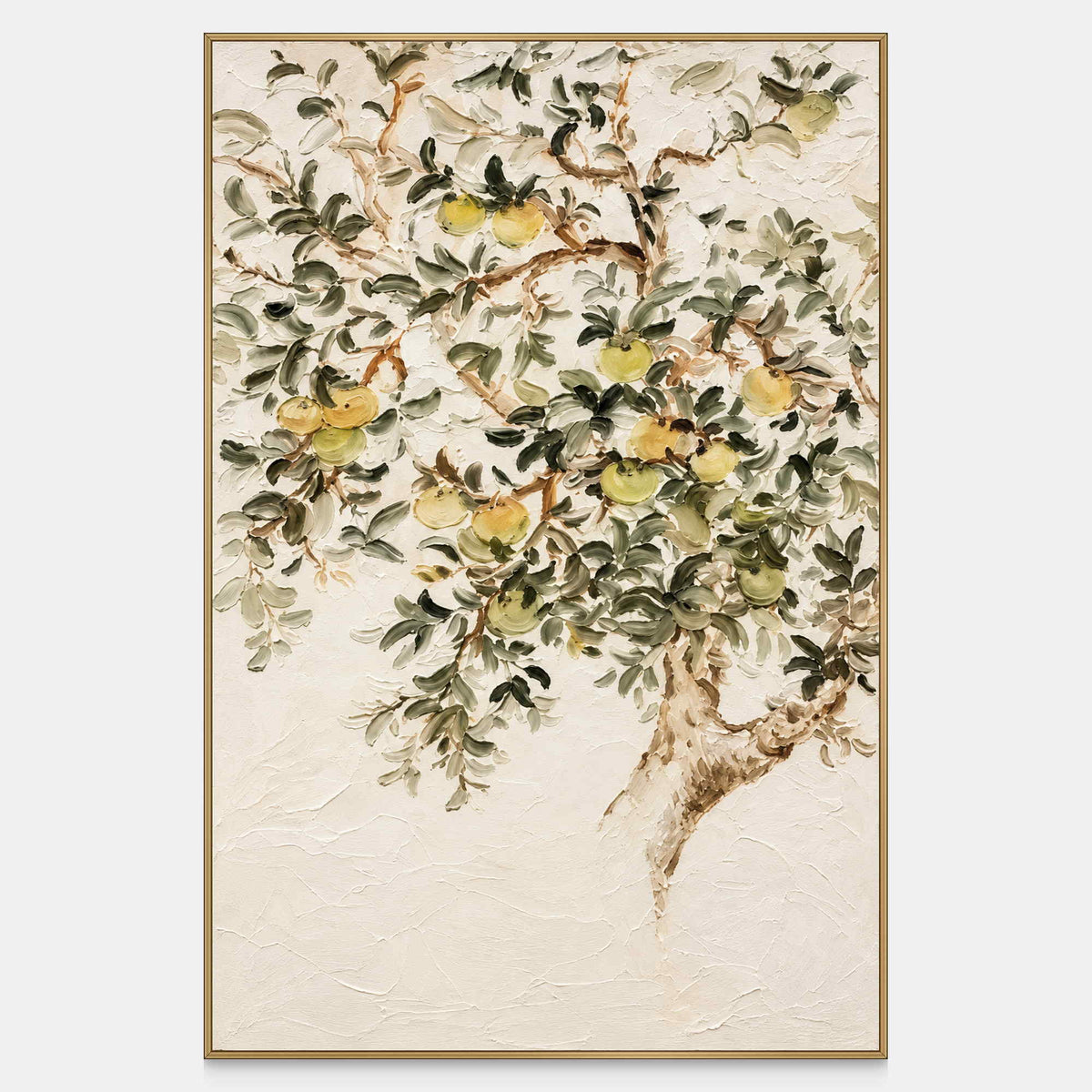 Front view of branching gray-green leaves and pale yellow-green fruit on cream, with a gold-colored frame.
