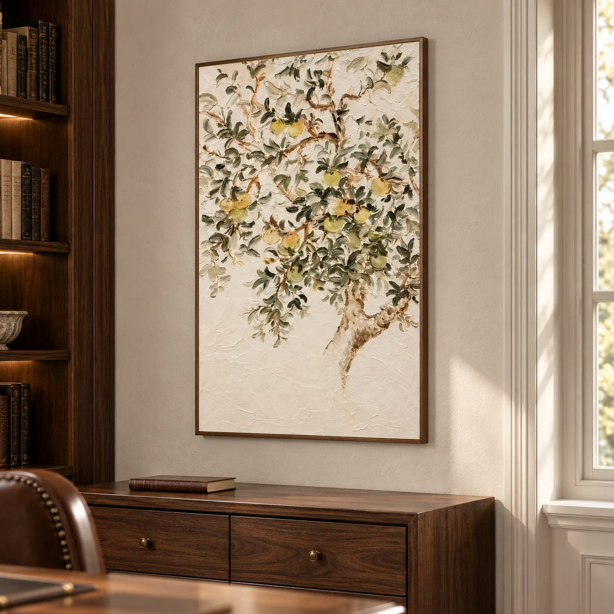 In a study with a desk, an artwork with a brown wood-look frame shows branching gray-green leaves and pale yellow-green fruit on cream.