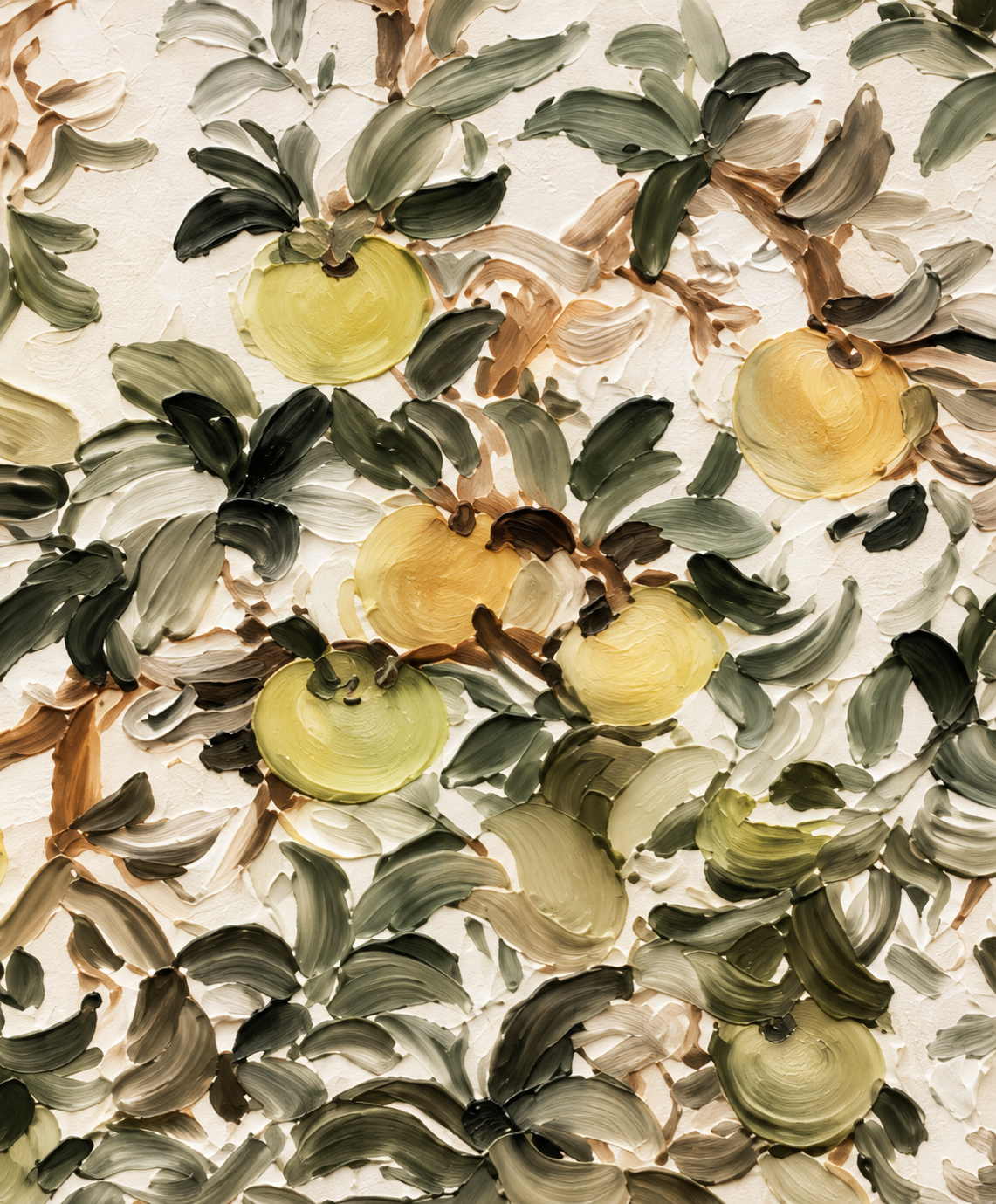 Close-up of rounded pale fruit, curled gray-green leaves and raised cream brush marks.